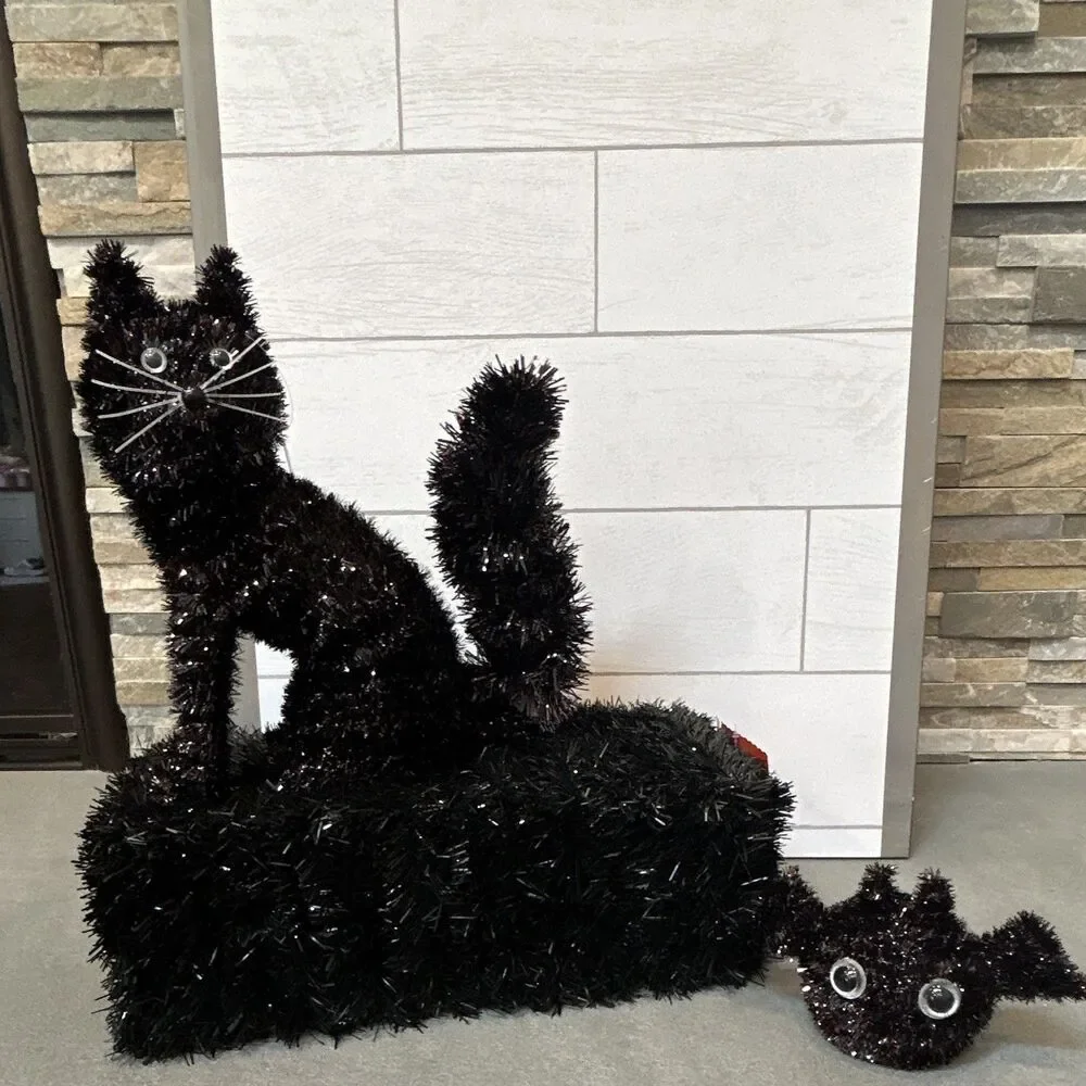 Ashland Halloween Black Tinsel Sitting Cat & Bat Decor w/ Faux Straw Bale